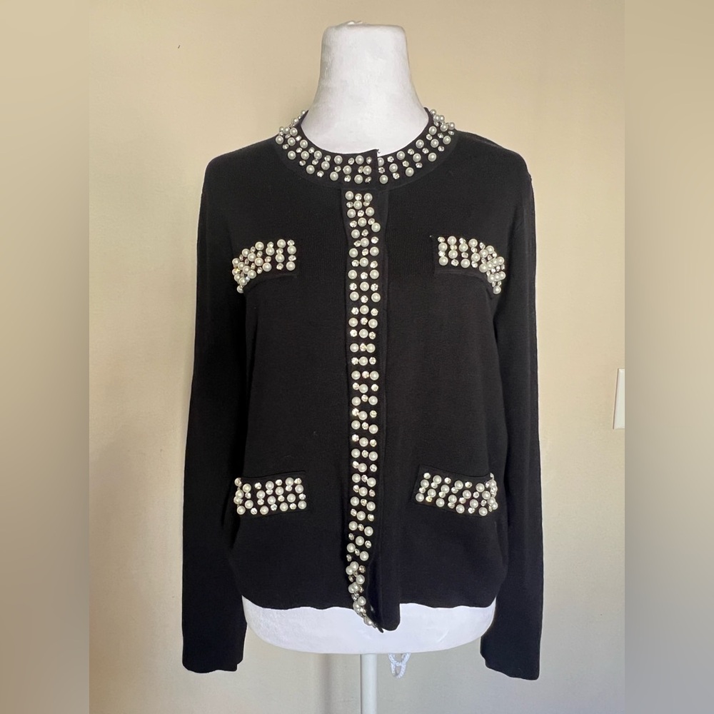 Adrianna Papell Black Pearl-Trim Knit button Cardigan NWT